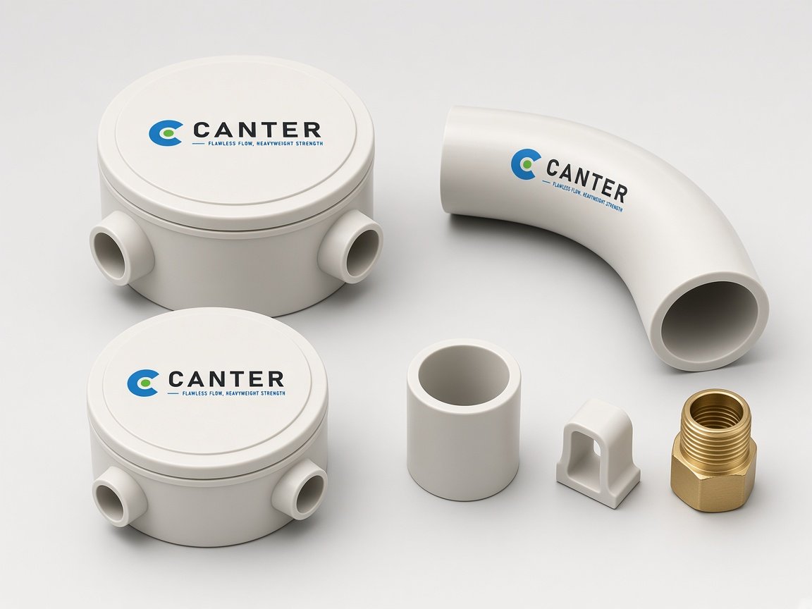 CANTER conduit fittings: circular junction boxes, bend, coupler, saddle clip and brass adapter